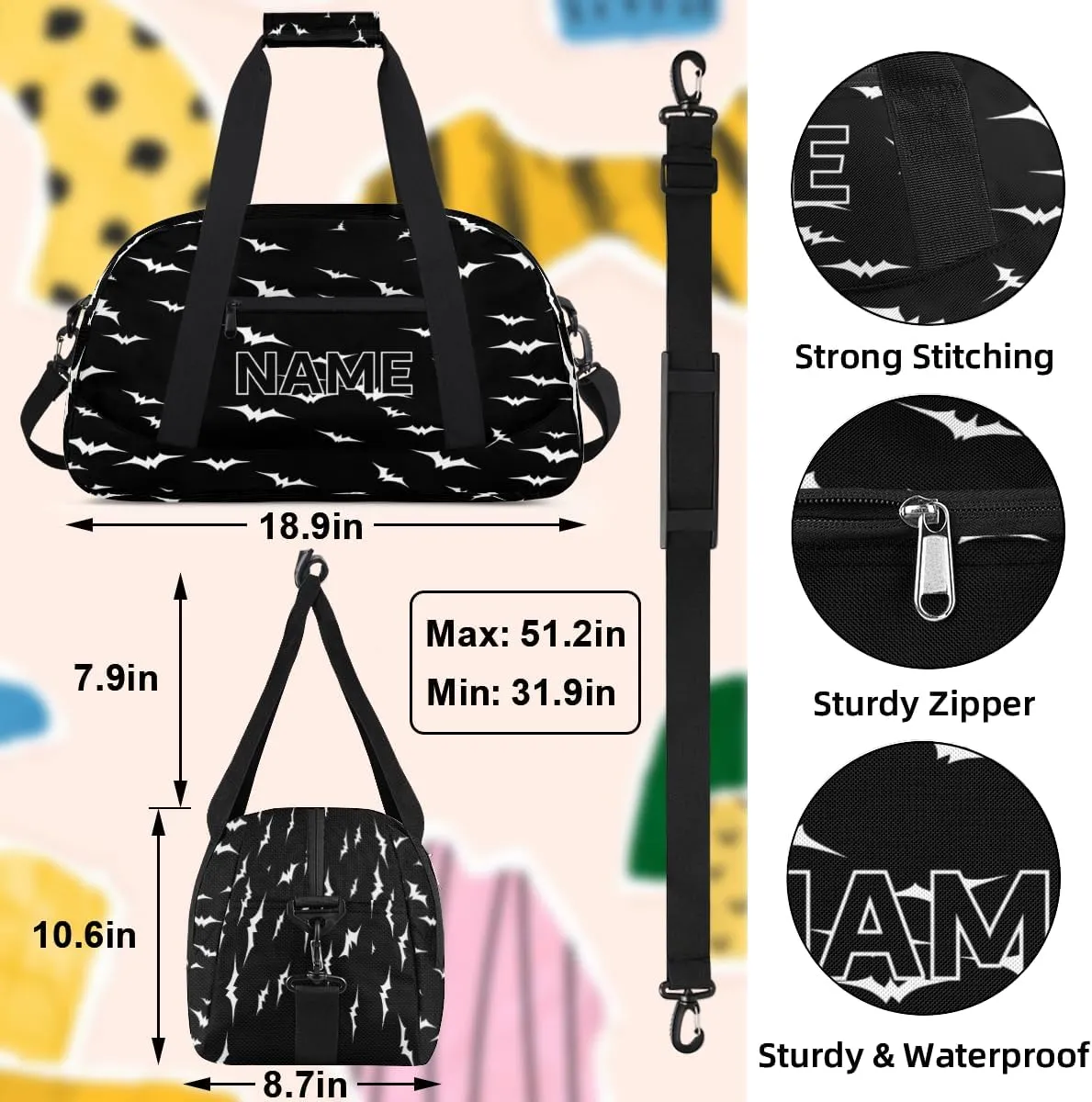 Custom Spooky Halloween Pattern Small Gym Bag 18 inch for Women Men Personalized Bats Black and White Carry On Overnight Weekender Bag for Travel Work Dance Sport