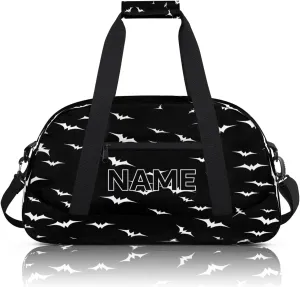 Custom Spooky Halloween Pattern Small Gym Bag 18 inch for Women Men Personalized Bats Black and White Carry On Overnight Weekender Bag for Travel Work Dance Sport