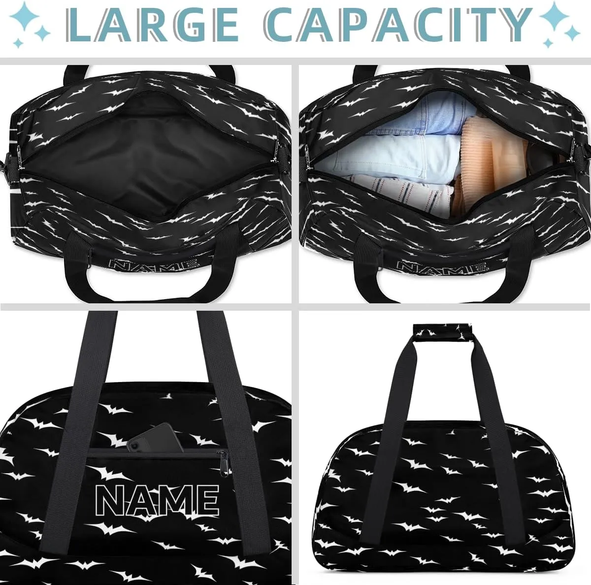 Custom Spooky Halloween Pattern Small Gym Bag 18 inch for Women Men Personalized Bats Black and White Carry On Overnight Weekender Bag for Travel Work Dance Sport
