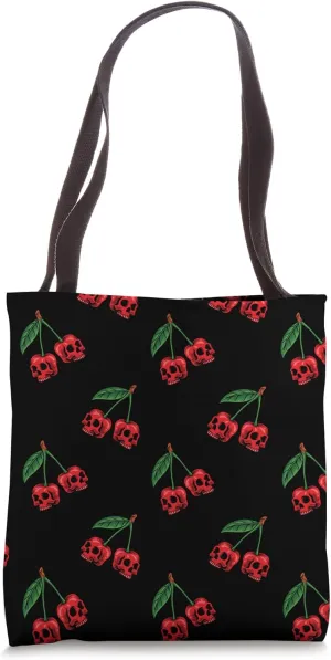 Cute Cherry Skull Pattern Scary Red Skulls Black Background Tote Bag