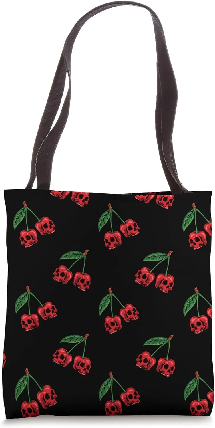Cute Cherry Skull Pattern Scary Red Skulls Black Background Tote Bag