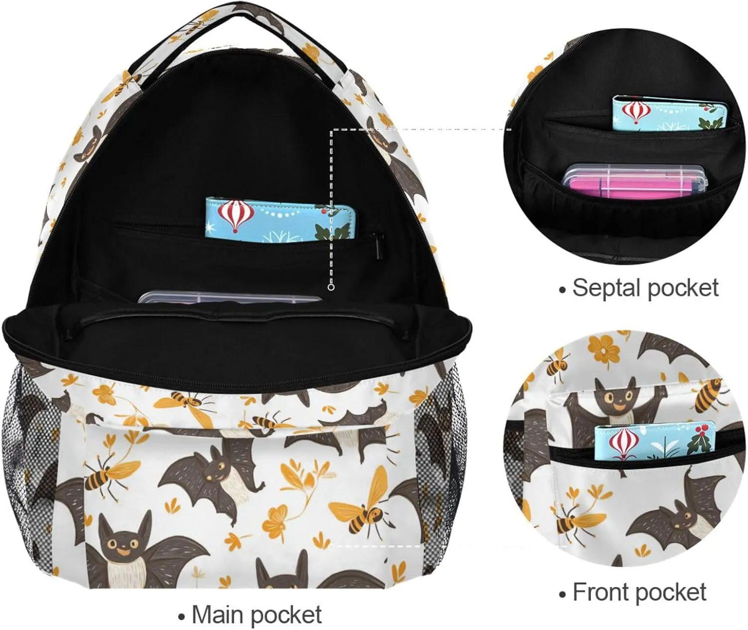 Day Backpack for Teens Boys Girls Waterproof School Bag with Chest Strap for Business Work College Travel Trip Cartoon Cute Bats White