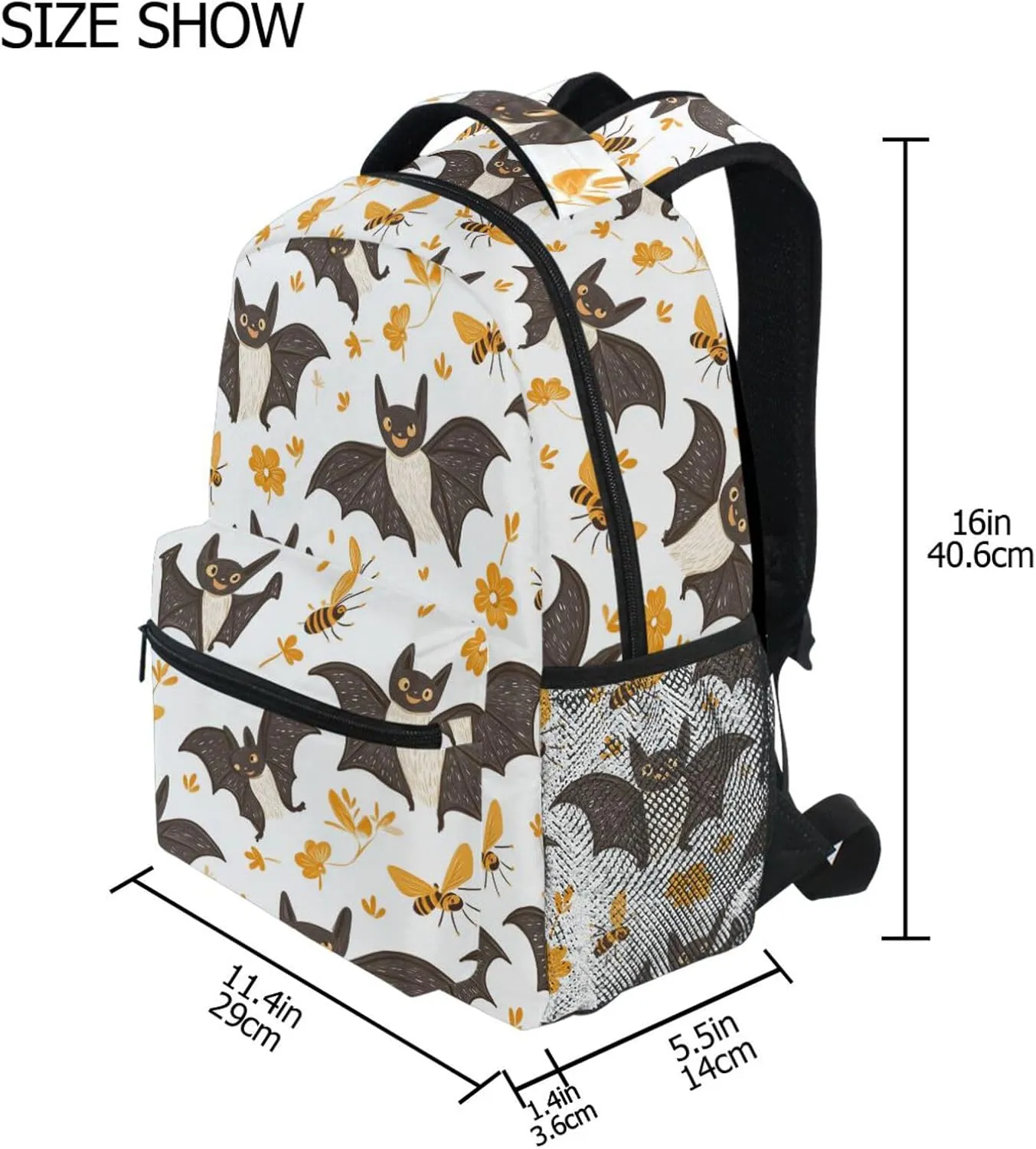 Day Backpack for Teens Boys Girls Waterproof School Bag with Chest Strap for Business Work College Travel Trip Cartoon Cute Bats White