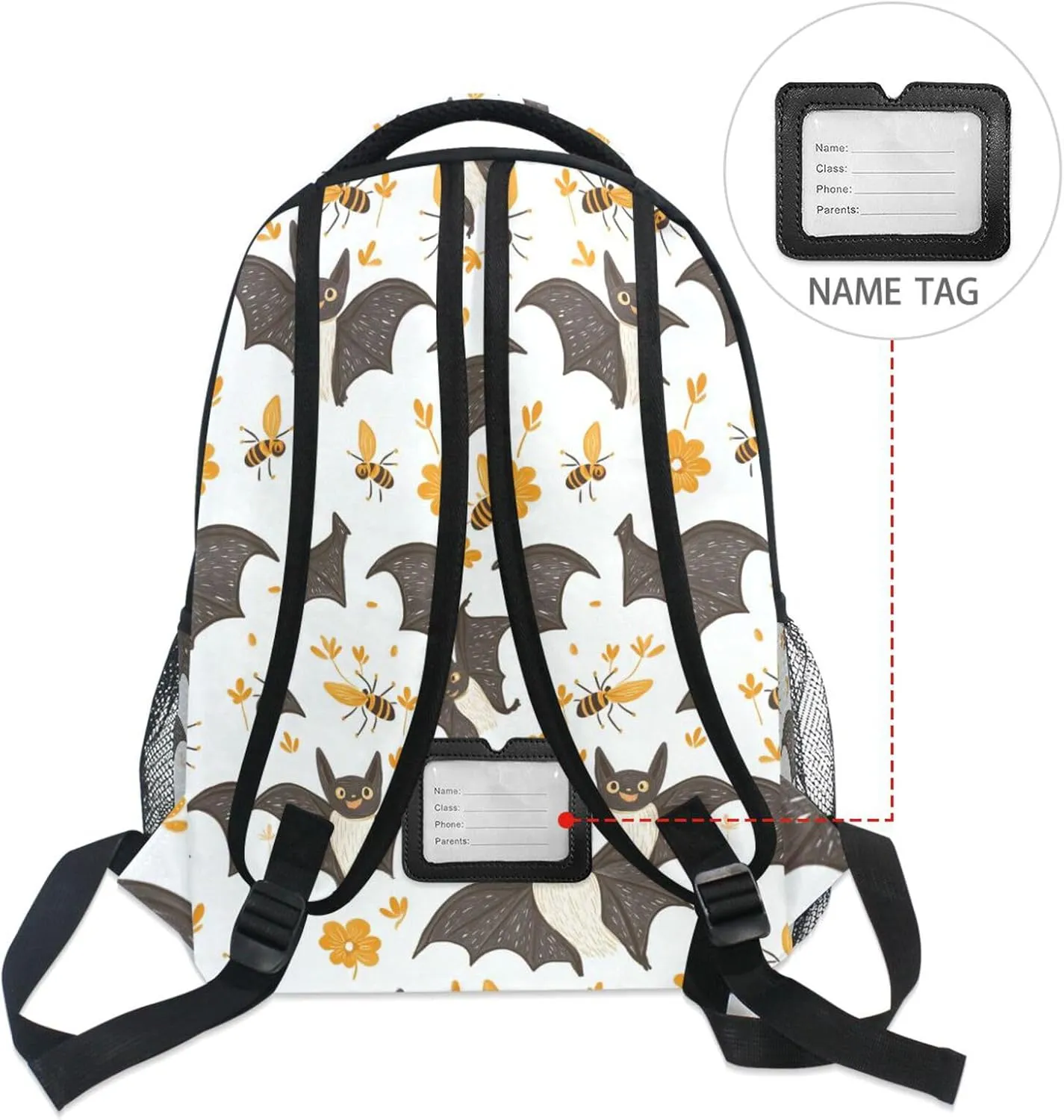 Day Backpack for Teens Boys Girls Waterproof School Bag with Chest Strap for Business Work College Travel Trip Cartoon Cute Bats White