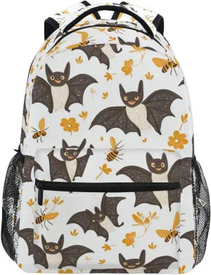 Day Backpack for Teens Boys Girls Waterproof School Bag with Chest Strap for Business Work College Travel Trip Cartoon Cute Bats White