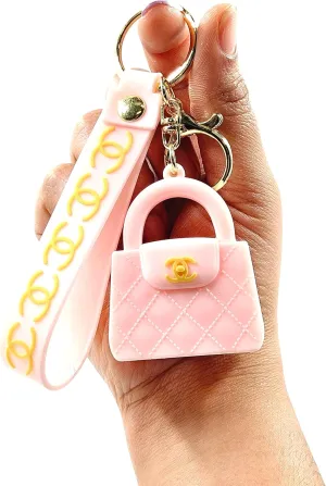 Designer Inspired Quilted Handbag Keychain with Wristlet Strap, Pink and Gold, Fashion Bag Charm, Fashion Accessories