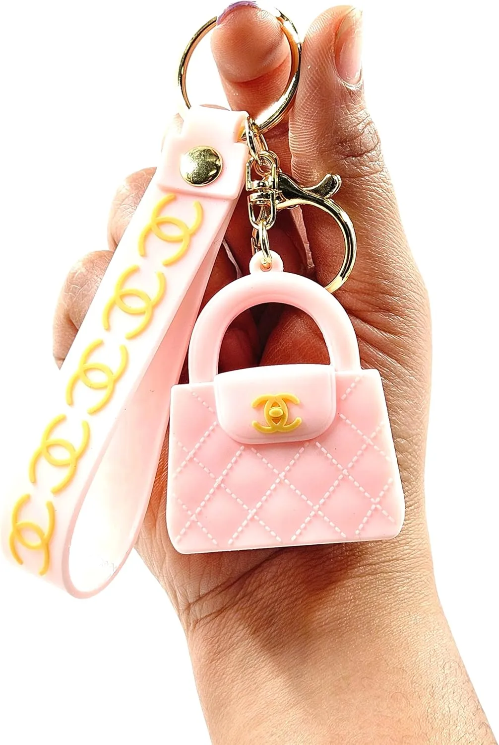 Designer Inspired Quilted Handbag Keychain with Wristlet Strap, Pink and Gold, Fashion Bag Charm, Fashion Accessories