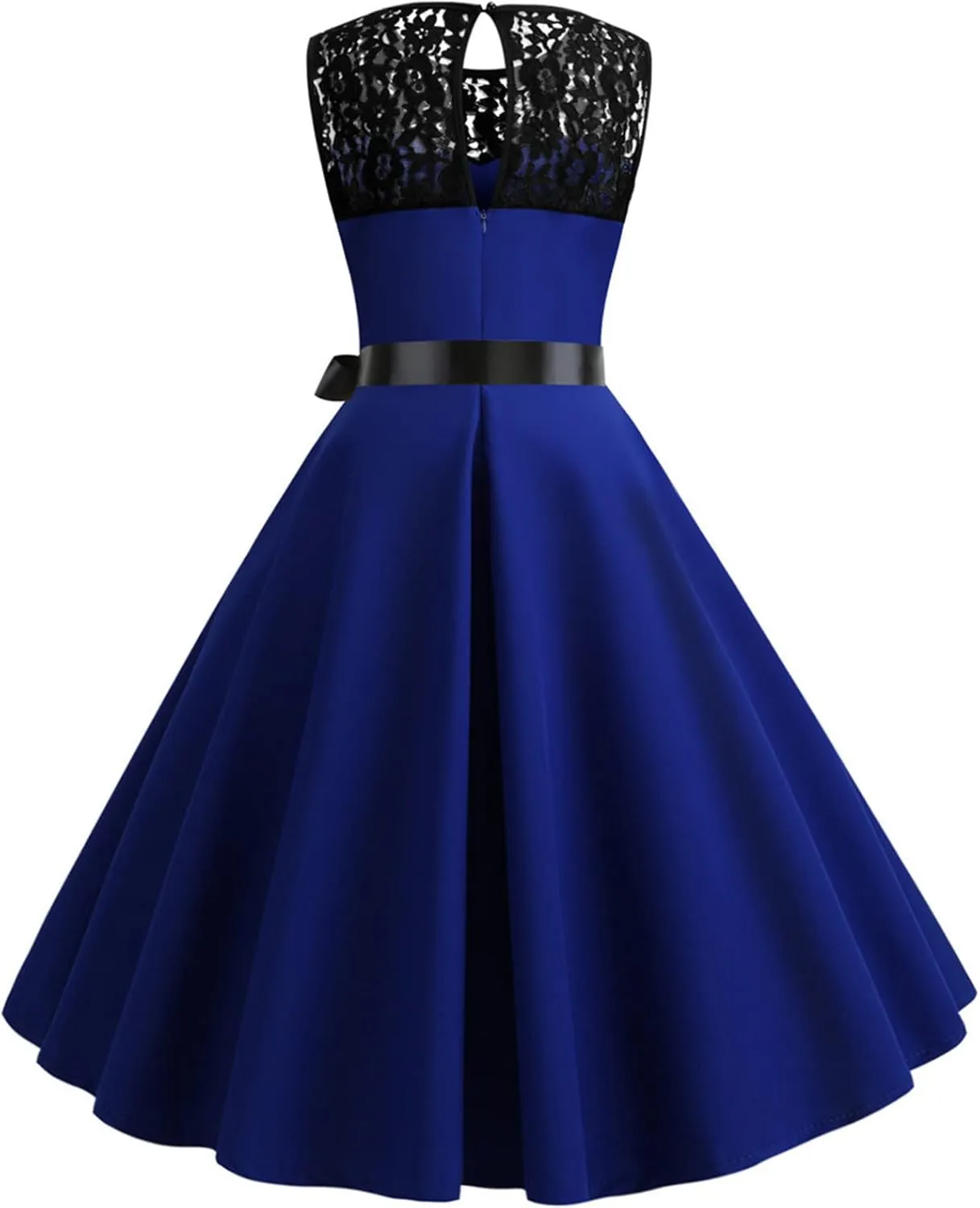 Dress for Women Vintage Lace Splicing Dresses Round Neck Sleeveless Waisted Big Swing Skirt with Belt Prom Gowns