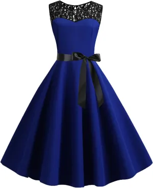 Dress for Women Vintage Lace Splicing Dresses Round Neck Sleeveless Waisted Big Swing Skirt with Belt Prom Gowns