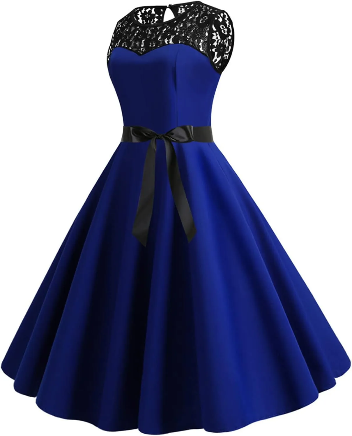Dress for Women Vintage Lace Splicing Dresses Round Neck Sleeveless Waisted Big Swing Skirt with Belt Prom Gowns