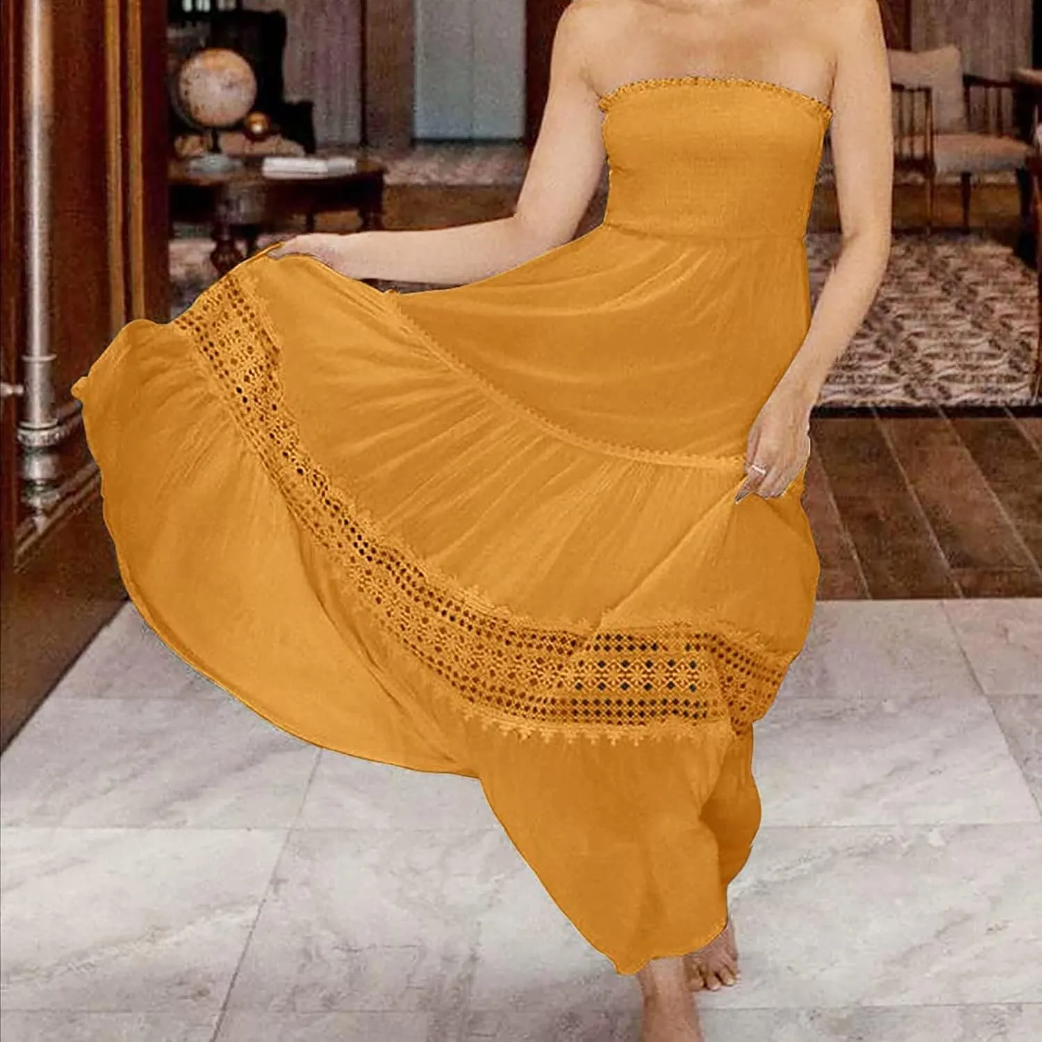 Elegant Midi Skirts for Women Fashion Off Shoulder Dress Sleeveless Lace Printed Hollow Out Dress Crewneck Party