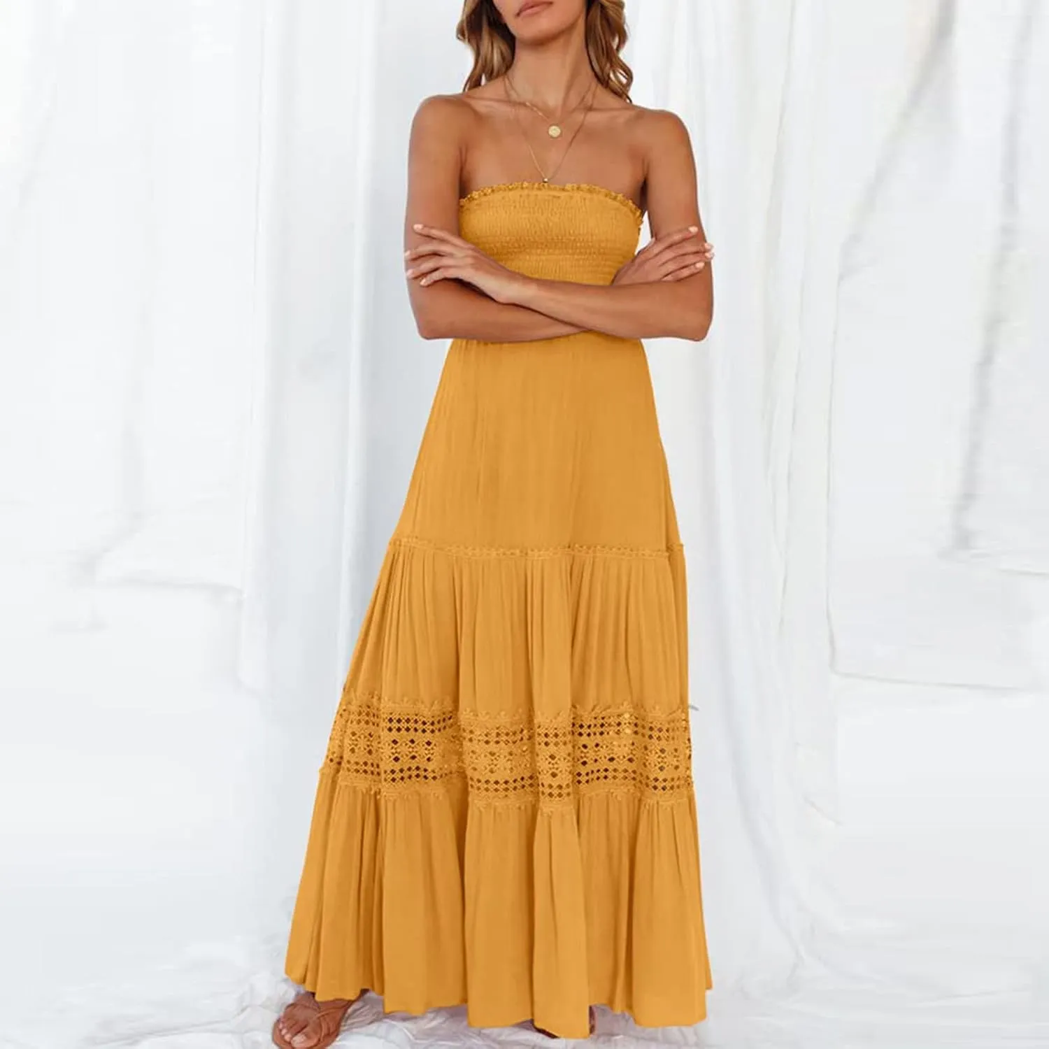 Elegant Midi Skirts for Women Fashion Off Shoulder Dress Sleeveless Lace Printed Hollow Out Dress Crewneck Party