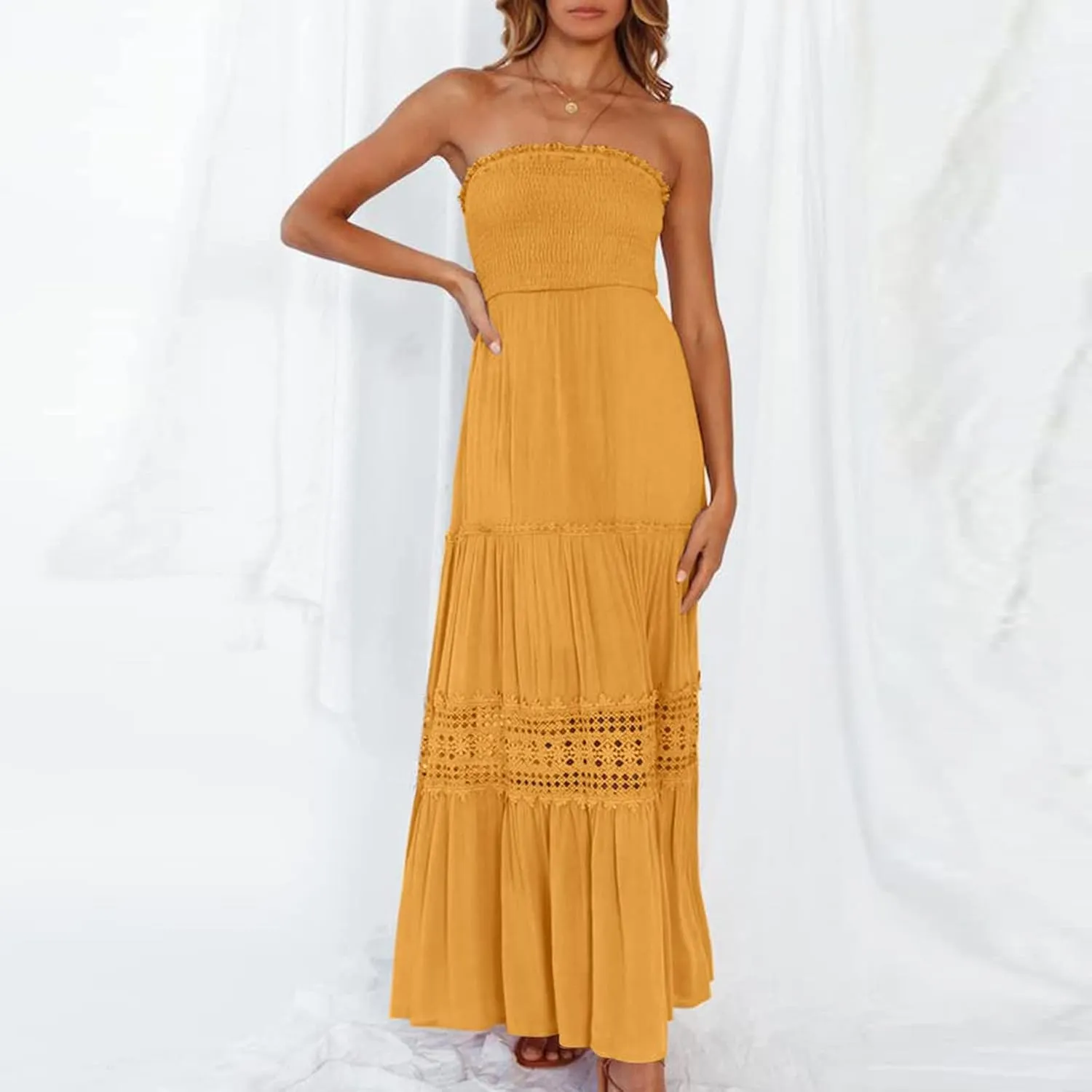 Elegant Midi Skirts for Women Fashion Off Shoulder Dress Sleeveless Lace Printed Hollow Out Dress Crewneck Party