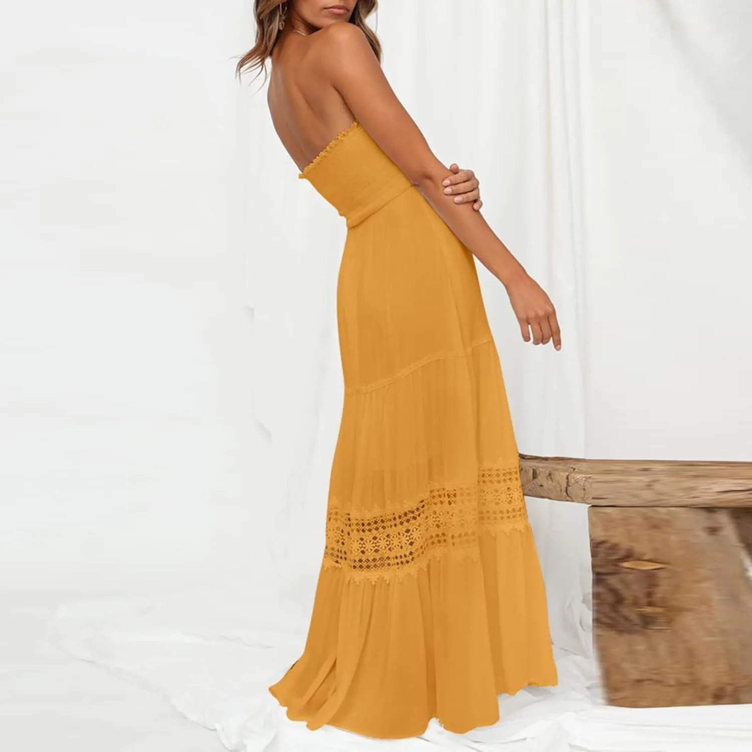 Elegant Midi Skirts for Women Fashion Off Shoulder Dress Sleeveless Lace Printed Hollow Out Dress Crewneck Party