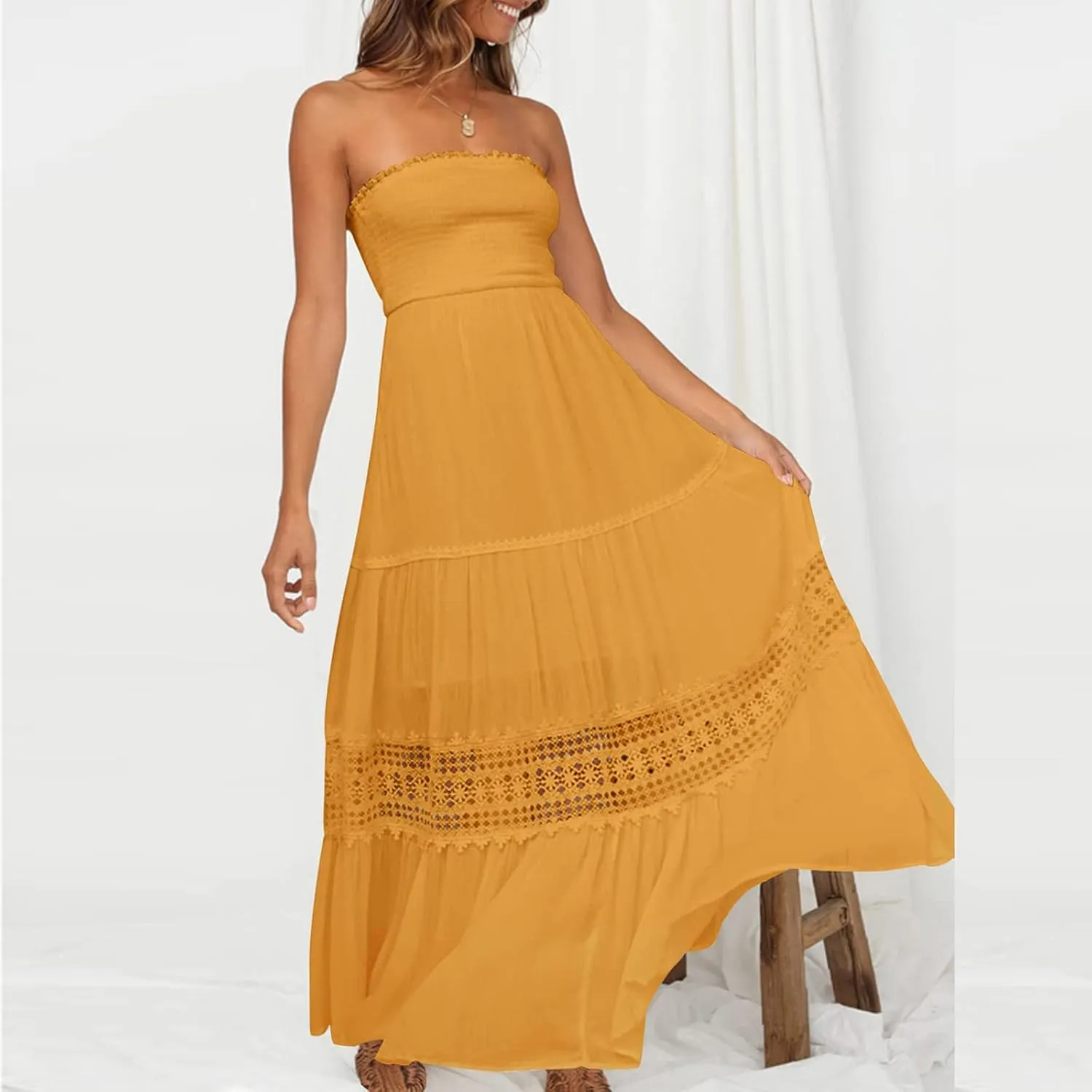 Elegant Midi Skirts for Women Fashion Off Shoulder Dress Sleeveless Lace Printed Hollow Out Dress Crewneck Party