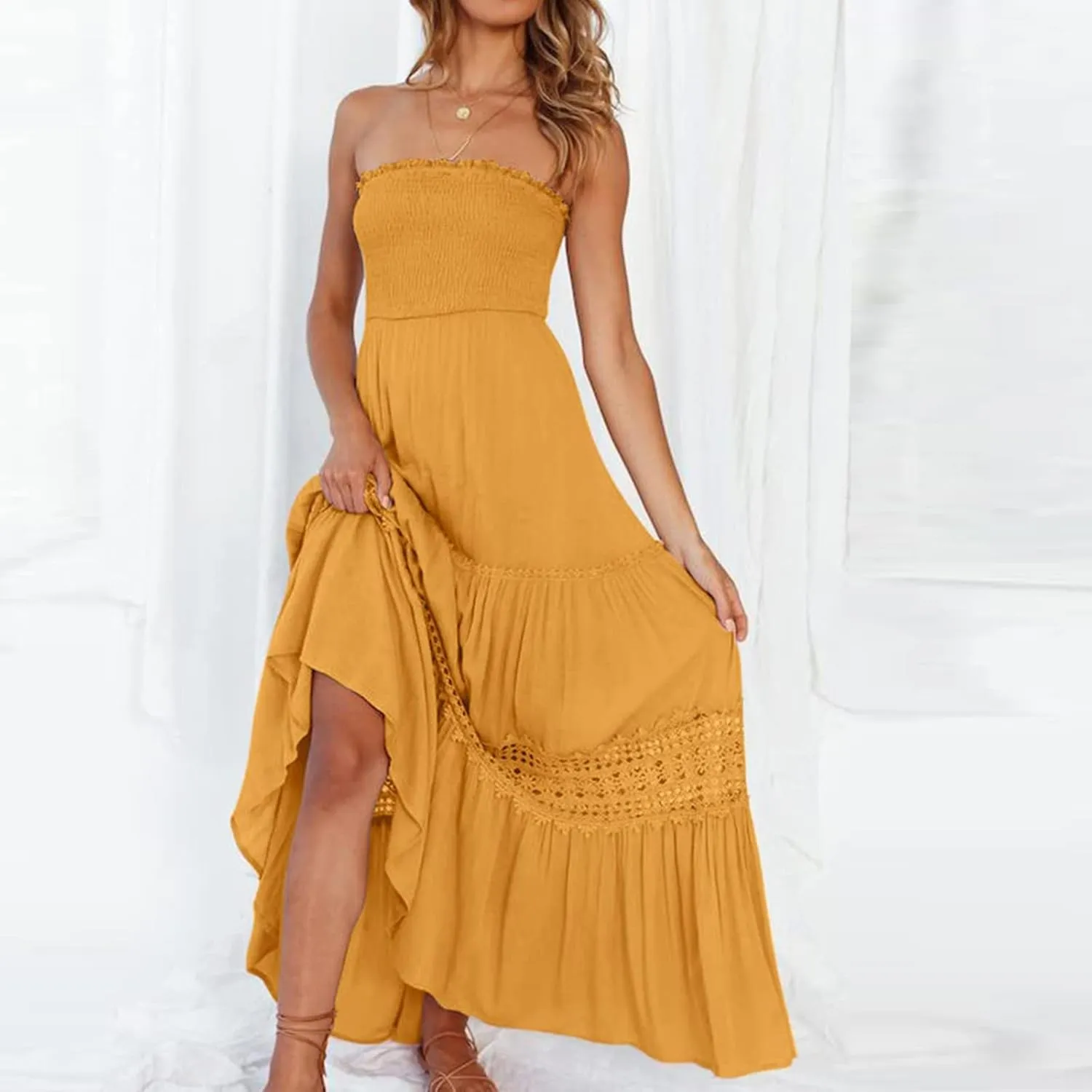 Elegant Midi Skirts for Women Fashion Off Shoulder Dress Sleeveless Lace Printed Hollow Out Dress Crewneck Party