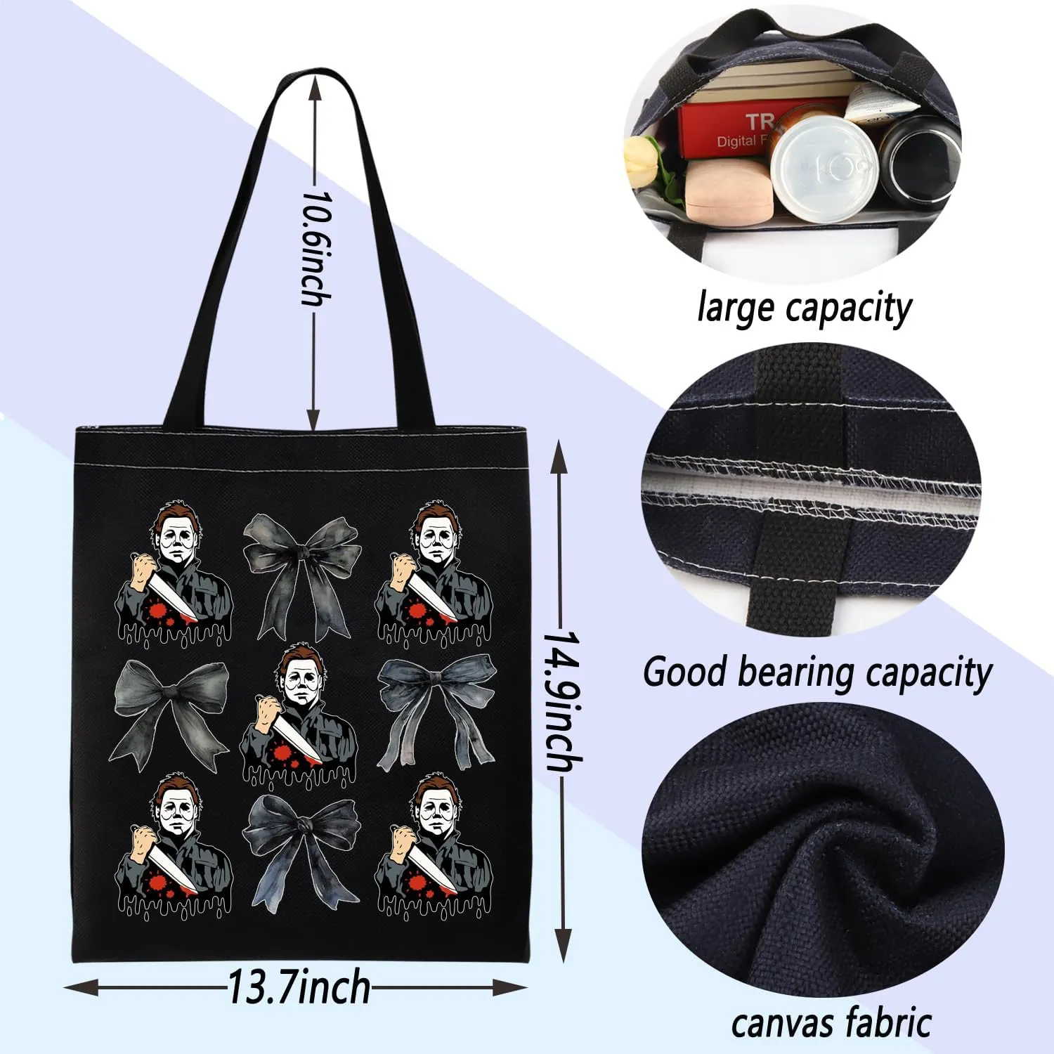 ENSIANTH Horror Movie Inspired Tote Bag Halloween Spooky Season Gift Scary Movie Character Merch Horror Villain Shoulder Bag