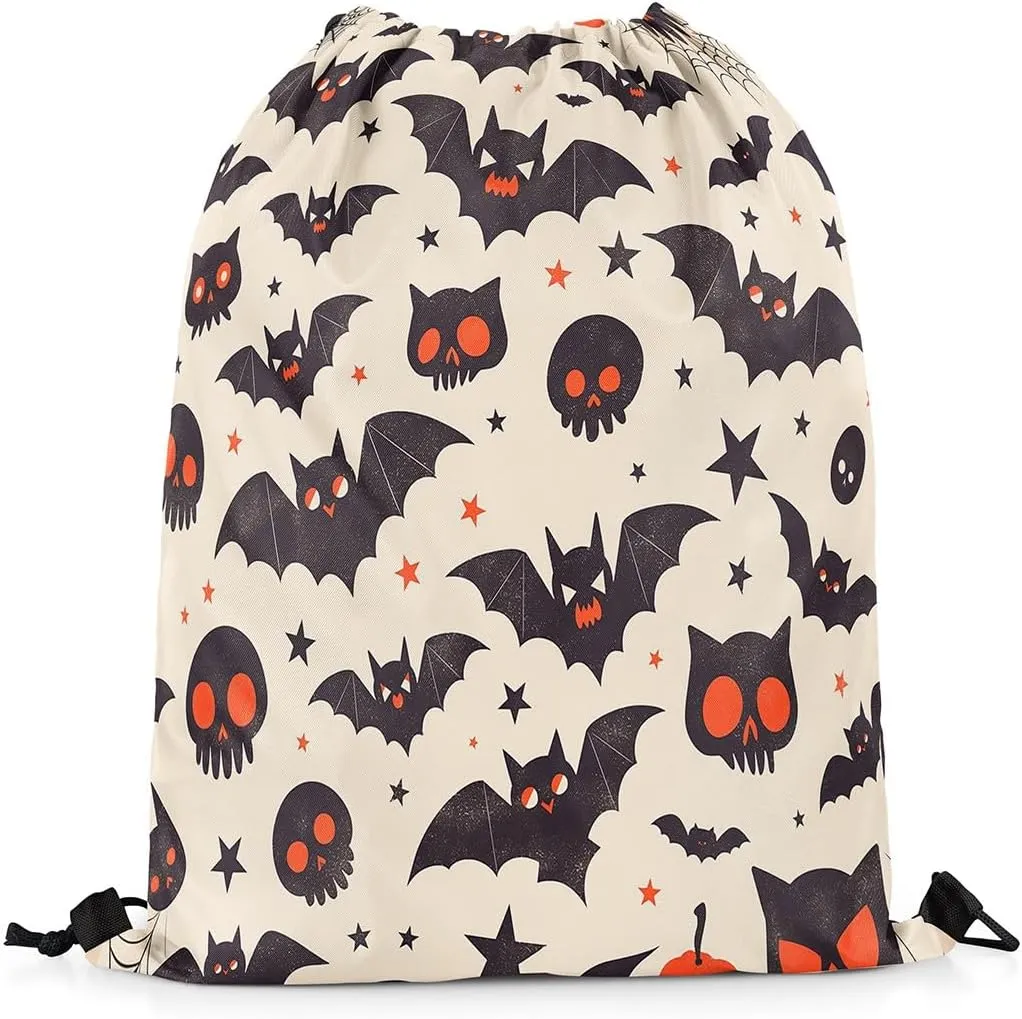 Erosebridal Cartoon Black Bats String Backpack Halloween Cats Spider Web Draw String Back Bag Spooky Red Eyes Animal Drawstring Bags Kawaii Stars Print Drawstring Backpack for Sport Swim,13X15.7