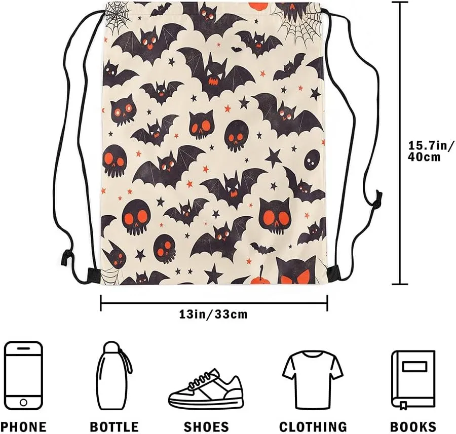 Erosebridal Cartoon Black Bats String Backpack Halloween Cats Spider Web Draw String Back Bag Spooky Red Eyes Animal Drawstring Bags Kawaii Stars Print Drawstring Backpack for Sport Swim,13X15.7