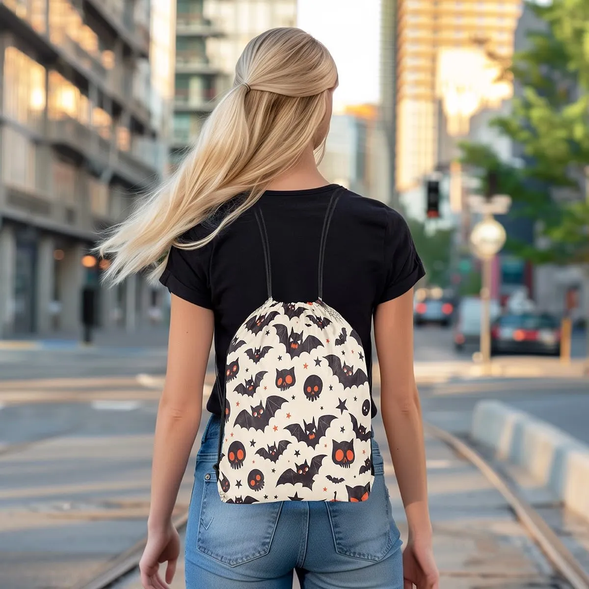 Erosebridal Cartoon Black Bats String Backpack Halloween Cats Spider Web Draw String Back Bag Spooky Red Eyes Animal Drawstring Bags Kawaii Stars Print Drawstring Backpack for Sport Swim,13X15.7
