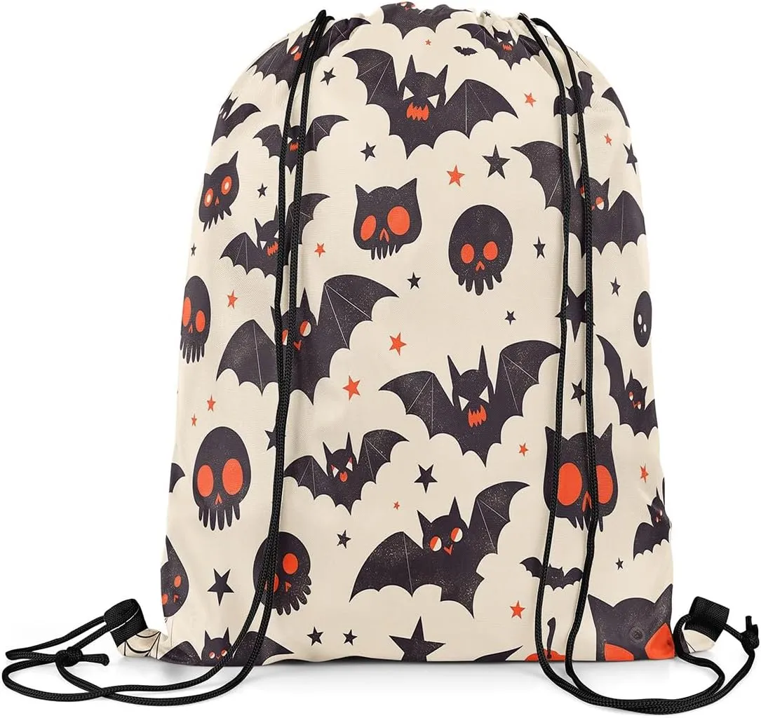 Erosebridal Cartoon Black Bats String Backpack Halloween Cats Spider Web Draw String Back Bag Spooky Red Eyes Animal Drawstring Bags Kawaii Stars Print Drawstring Backpack for Sport Swim,13X15.7