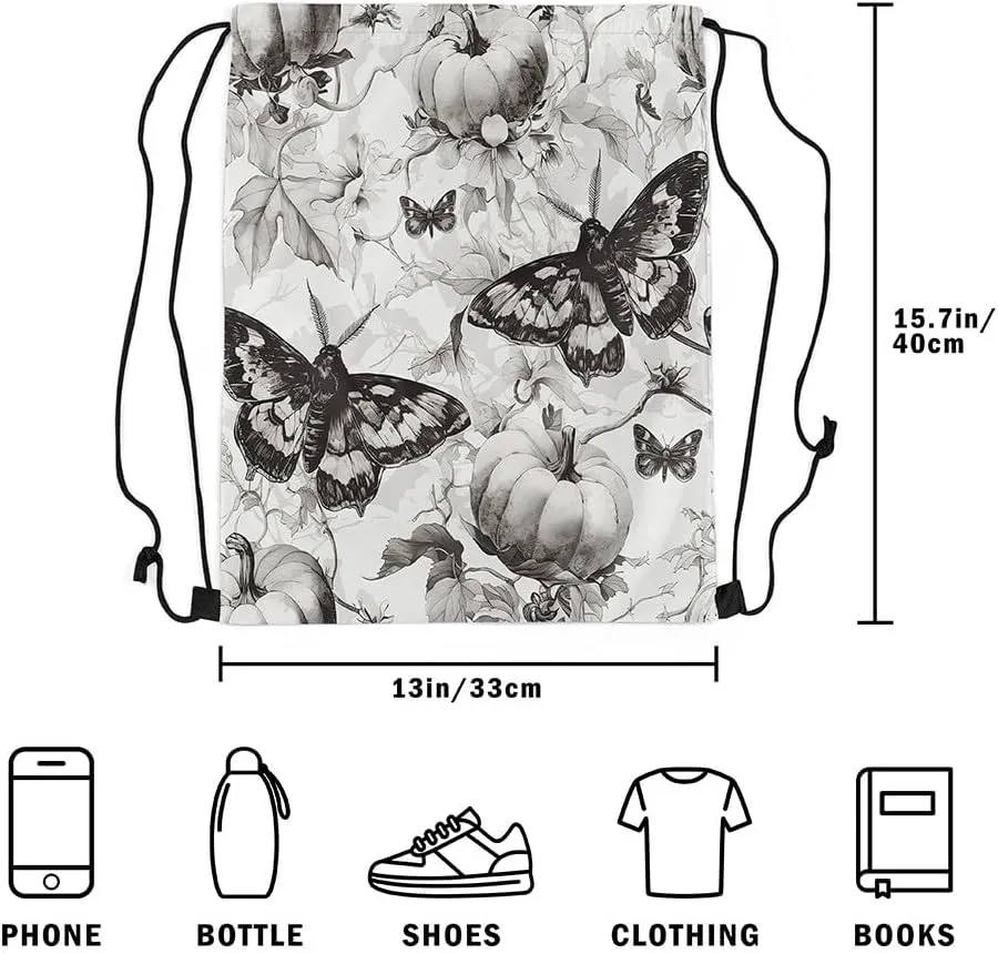 Erosebridal Fall Pumpkin Drawstring Bags 13X15.7,Gothic Death Moth Draw String Back Bag,Autumn Thanksgiving Drawstring Backpack,Spooky Halloween Decorations String Backpack for Sport Gym Swim