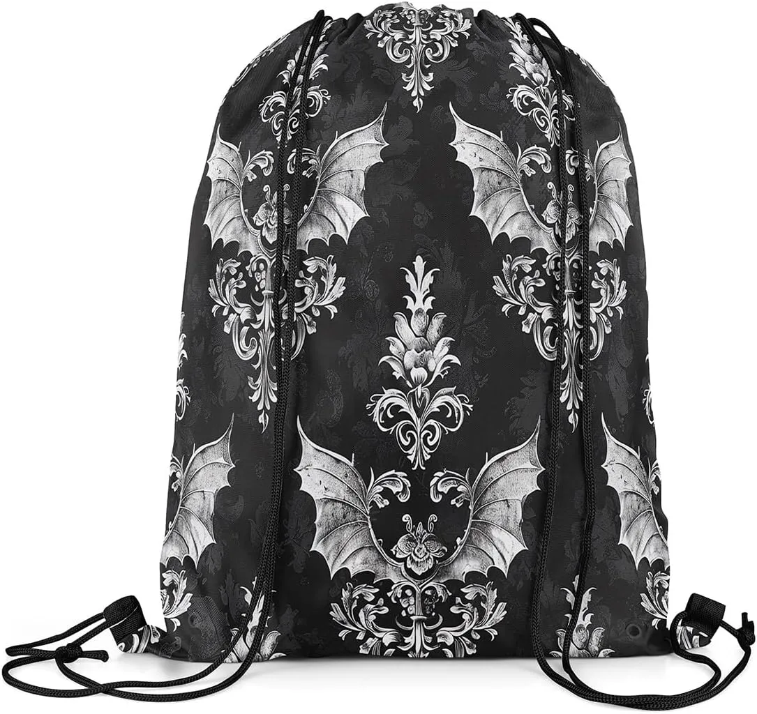 Erosebridal Halloween Draw String Back Bag 13X15.7,Western Gothic Damask String Backpack,Spooky Bats Cinch Bag,Scary Halloween Decoration Drawstring Bags Foldable