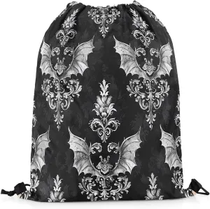 Erosebridal Halloween Draw String Back Bag 13X15.7,Western Gothic Damask String Backpack,Spooky Bats Cinch Bag,Scary Halloween Decoration Drawstring Bags Foldable