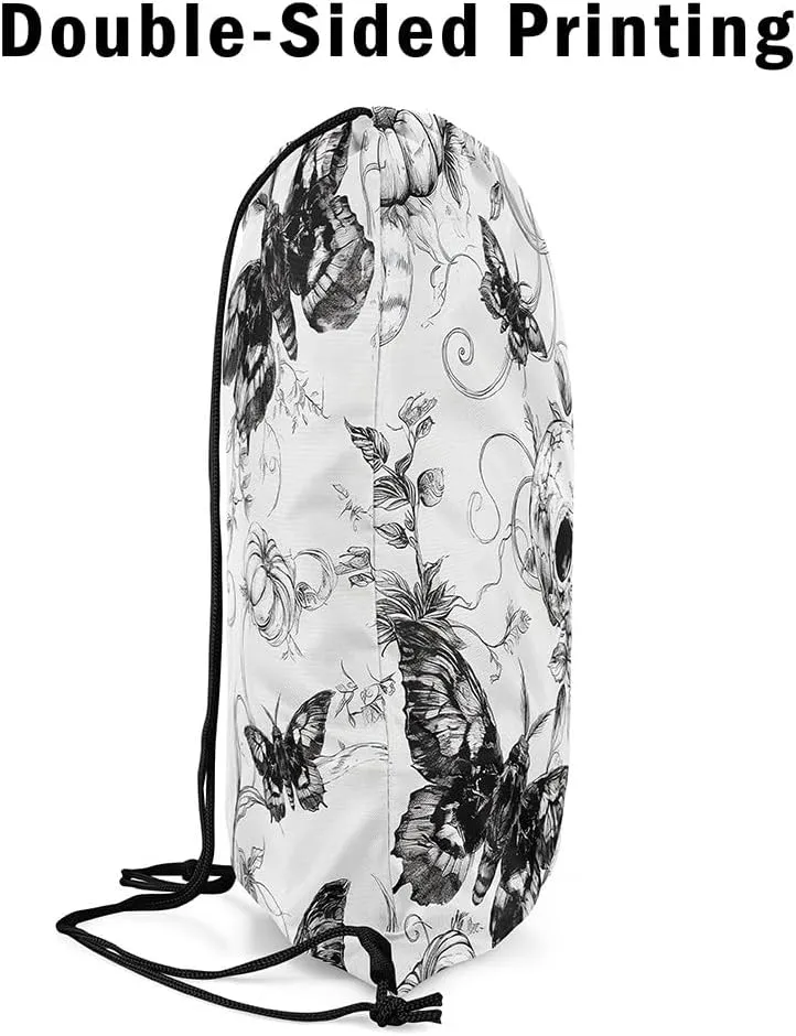 Erosebridal Halloween Skull Draw String Back Bag 13X15.7,Spooky Gothic Moth String Backpack,Pumpkin Thanksgiving Cinch Bag for Camping Traveling,Exotic Animals Botanical Drawstring Bags,Black Grey