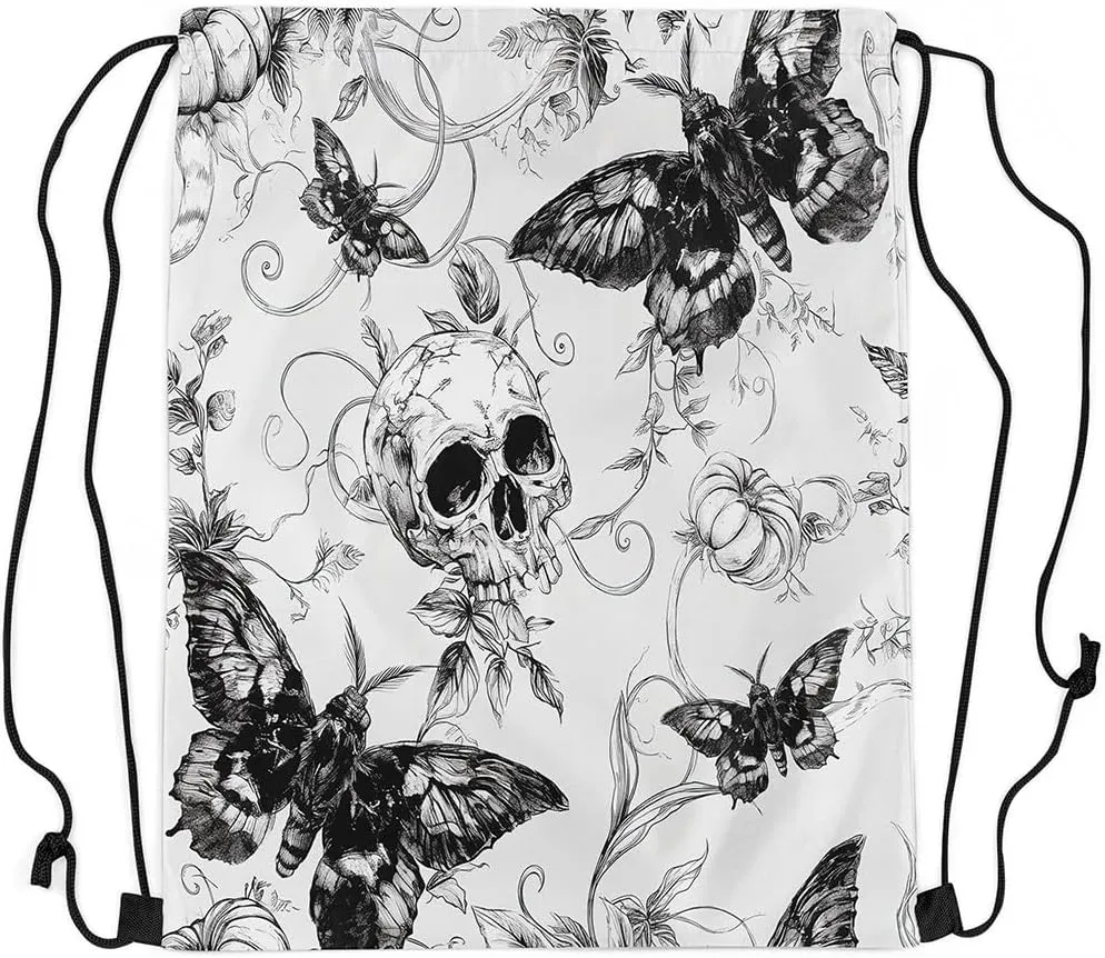 Erosebridal Halloween Skull Draw String Back Bag 13X15.7,Spooky Gothic Moth String Backpack,Pumpkin Thanksgiving Cinch Bag for Camping Traveling,Exotic Animals Botanical Drawstring Bags,Black Grey