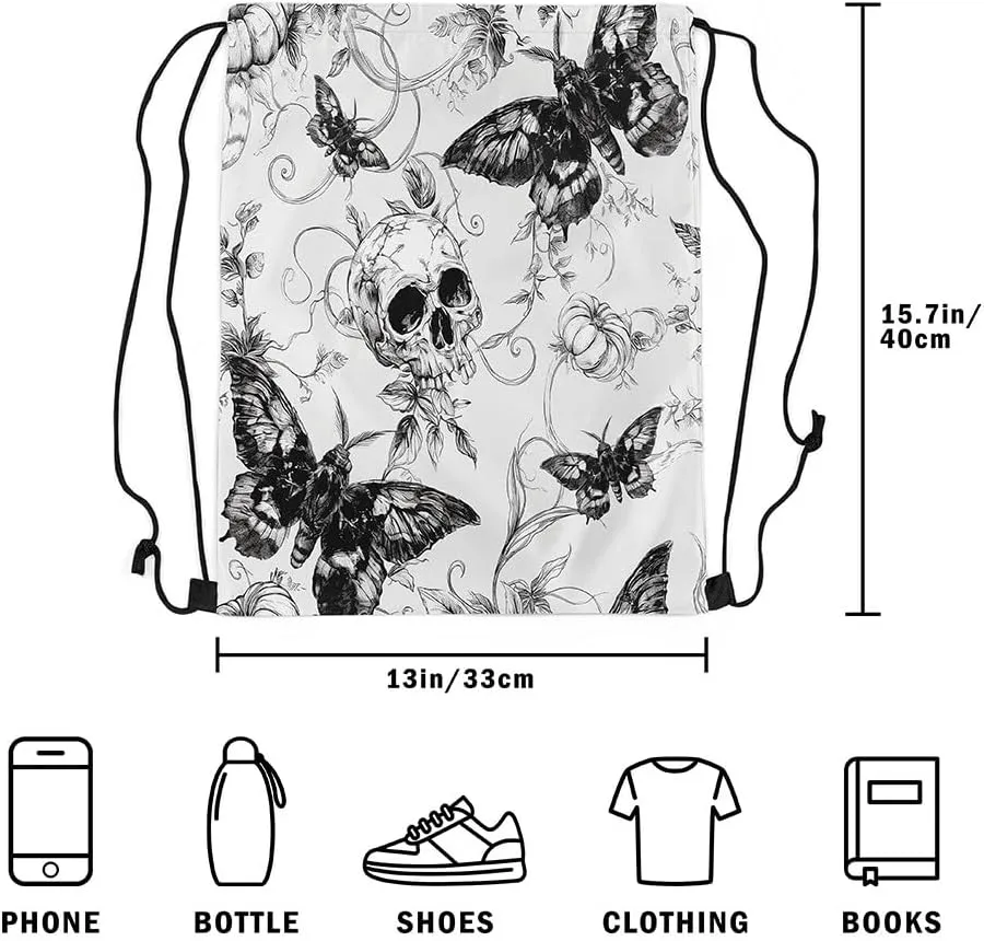 Erosebridal Halloween Skull Draw String Back Bag 13X15.7,Spooky Gothic Moth String Backpack,Pumpkin Thanksgiving Cinch Bag for Camping Traveling,Exotic Animals Botanical Drawstring Bags,Black Grey