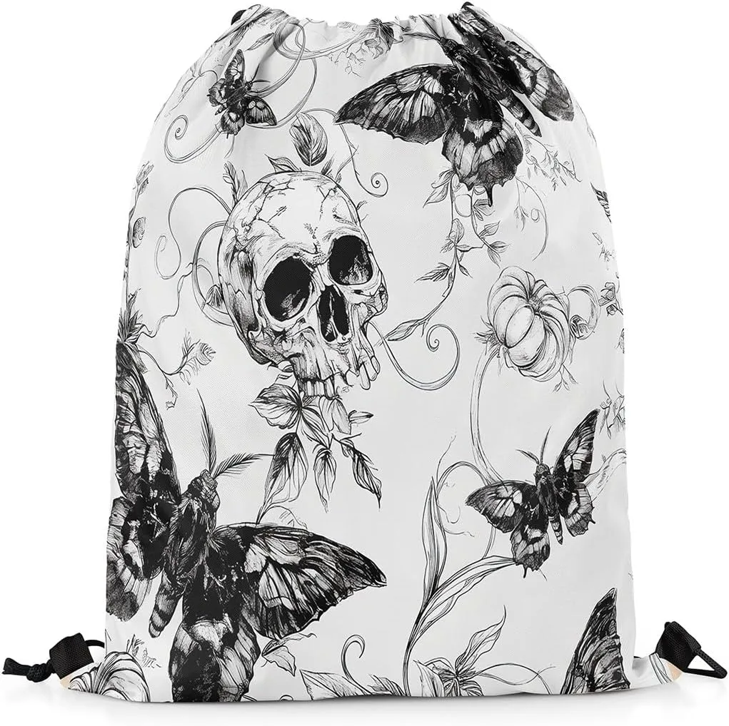 Erosebridal Halloween Skull Draw String Back Bag 13X15.7,Spooky Gothic Moth String Backpack,Pumpkin Thanksgiving Cinch Bag for Camping Traveling,Exotic Animals Botanical Drawstring Bags,Black Grey