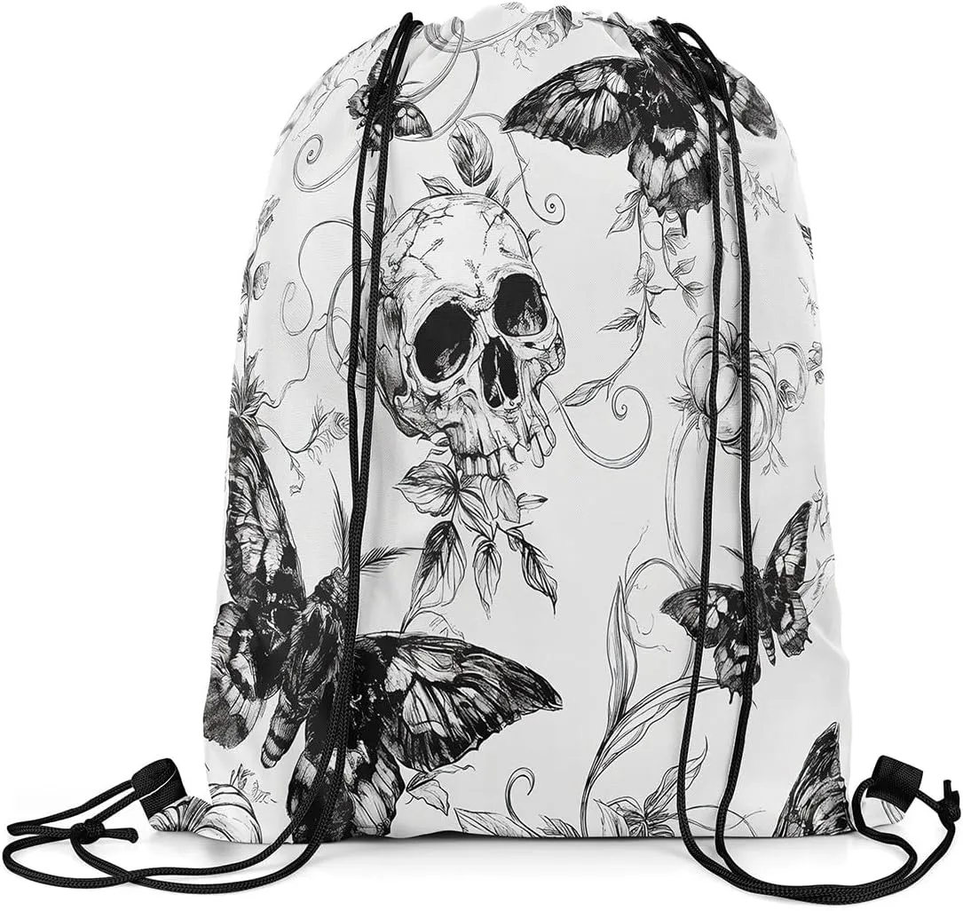 Erosebridal Halloween Skull Draw String Back Bag 13X15.7,Spooky Gothic Moth String Backpack,Pumpkin Thanksgiving Cinch Bag for Camping Traveling,Exotic Animals Botanical Drawstring Bags,Black Grey