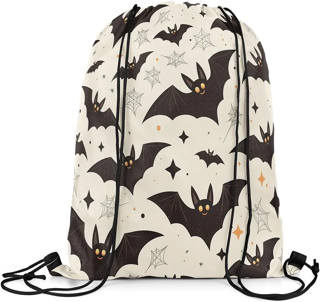Erosebridal Halloween Spooky Bats String Backpack Halloween Spider Web Draw String Back Bag Gothic Horror Cinch Bag Yellow Black Stars Drawstring Backpack Halloween Drawstring Bags,13X15.7