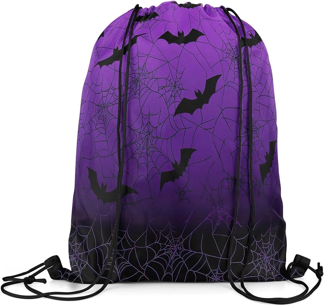 Erosebridal Spider Web Halloween Decorations Drawstring Bags Cobweb Halloween Draw String Back Bag 13X15.7 Gothic Horror Bats Drawstring Backpack Spooky Purple Black String Backpack for Sport Gym