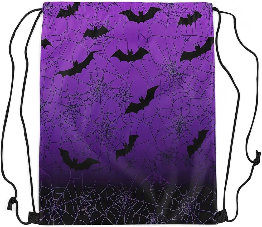 Erosebridal Spider Web Halloween Decorations Drawstring Bags Cobweb Halloween Draw String Back Bag 13X15.7 Gothic Horror Bats Drawstring Backpack Spooky Purple Black String Backpack for Sport Gym