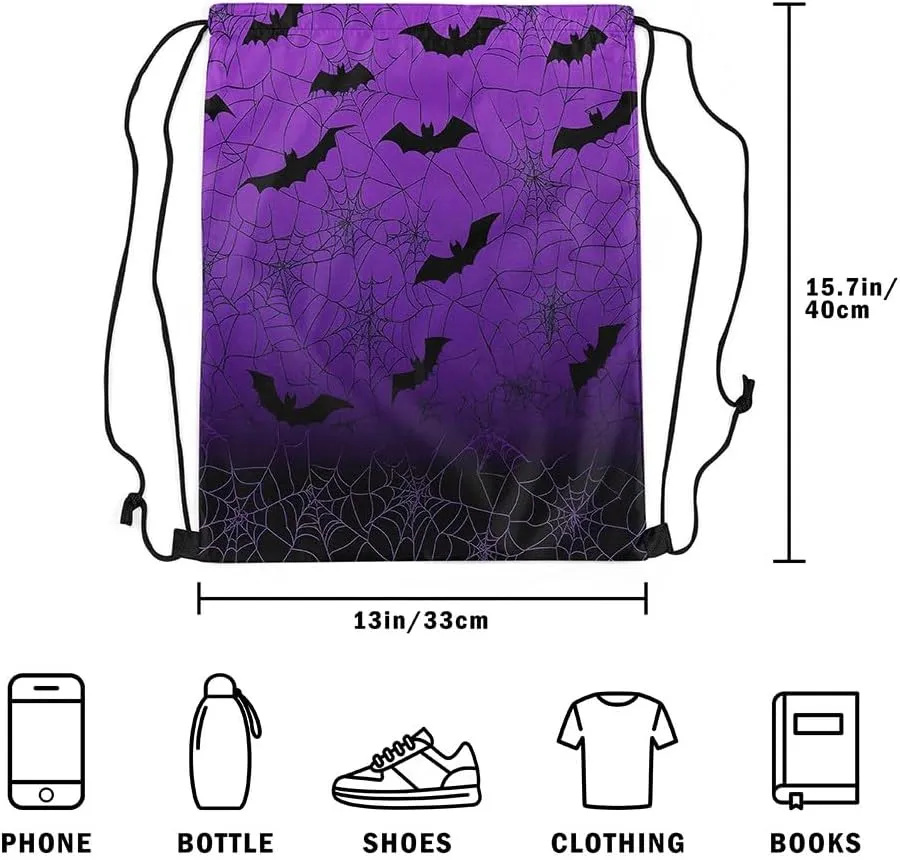 Erosebridal Spider Web Halloween Decorations Drawstring Bags Cobweb Halloween Draw String Back Bag 13X15.7 Gothic Horror Bats Drawstring Backpack Spooky Purple Black String Backpack for Sport Gym