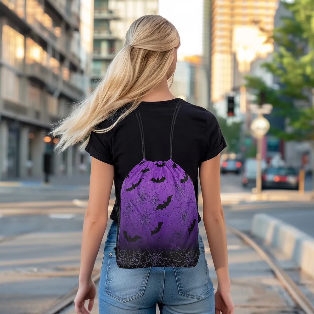 Erosebridal Spider Web Halloween Decorations Drawstring Bags Cobweb Halloween Draw String Back Bag 13X15.7 Gothic Horror Bats Drawstring Backpack Spooky Purple Black String Backpack for Sport Gym