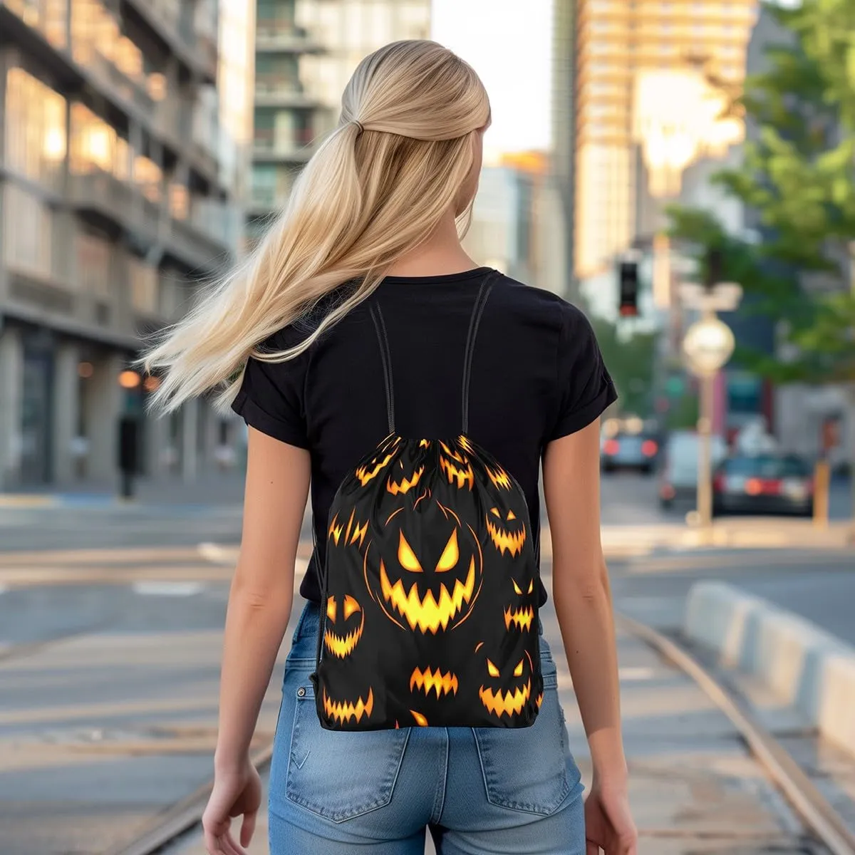 Erosebridal Spooky Pumpkin Draw String Back Bag Halloween Pumpkin String Backpack Halloween Flaming Pumpkin Drawstring Backpack 13X15.7 Alloween Horror Theme Drawstring Bags for Sport Camping