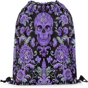 Erosebridal Sugar Skull Drawstring Backpack 13X15.7,Halloween Spooky Skeleton Drawstring Bags for Camping Trip,Gothic Purple Floral Draw String Back Bag,Halloween Horror Theme String Backpack