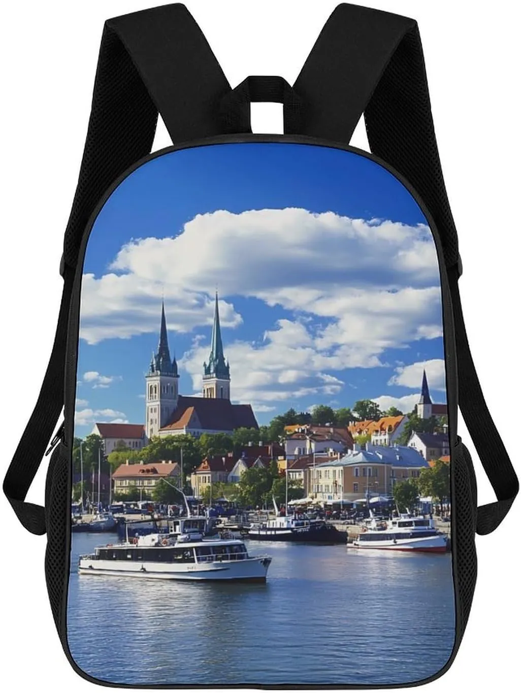 European Old City And The Sea Port Estonia Backpack for Men Women 17 Inch Laptop Backpack Travel Hiking Daypack