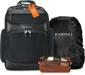 Everki Onyx Premium Executive Laptop Backpack (EKP132S17) with Orange Accessory Pouch & Rain Cover - Ballistic Nylon Backpack with 17.3" Compartment, 30L Capacity - Backpack, Pouch & Cover Bundle