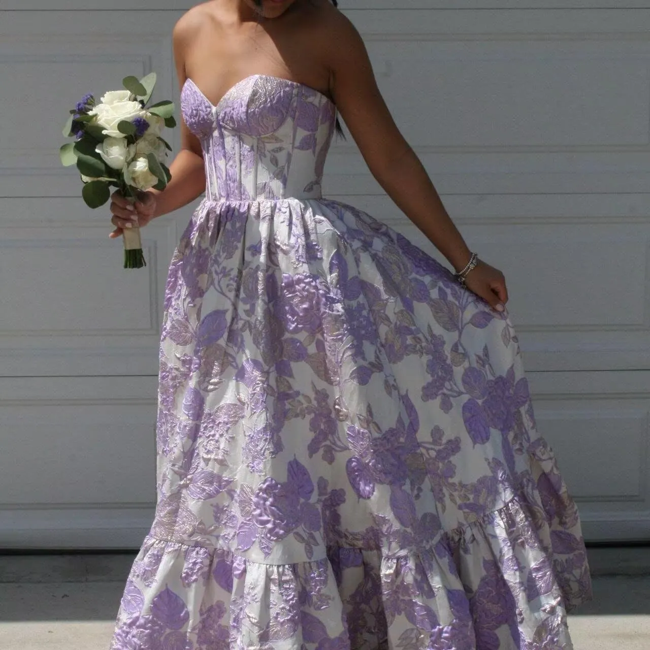 Floral Satin Prom Dresses for Women Strapless Jacquard Corset Formal Evening Party Gowns with Pockets