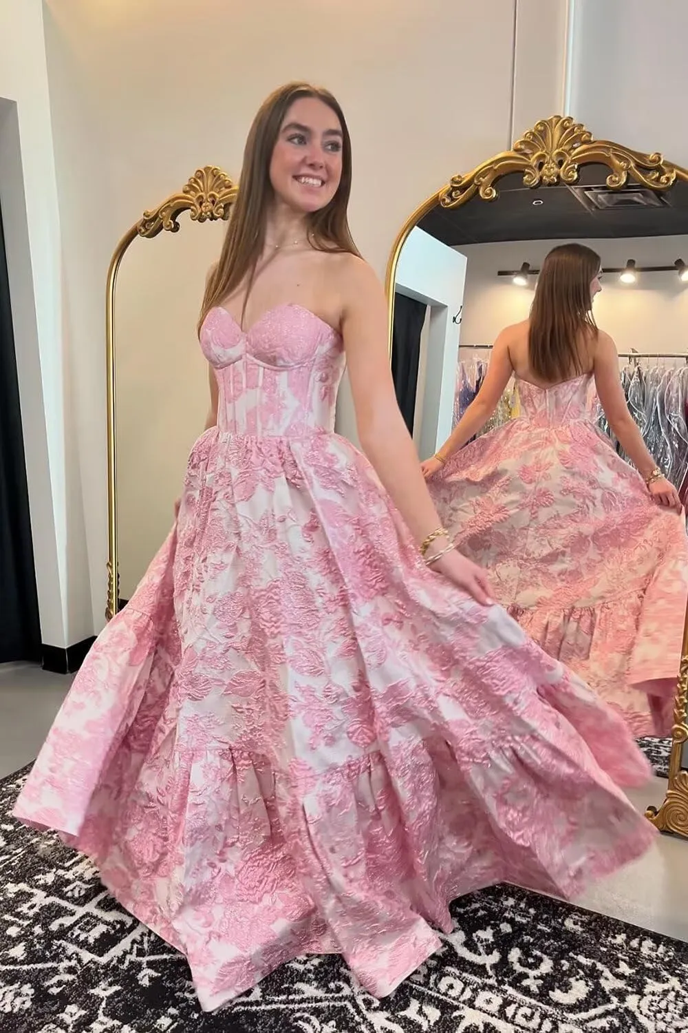 Floral Satin Prom Dresses for Women Strapless Jacquard Corset Formal Evening Party Gowns with Pockets