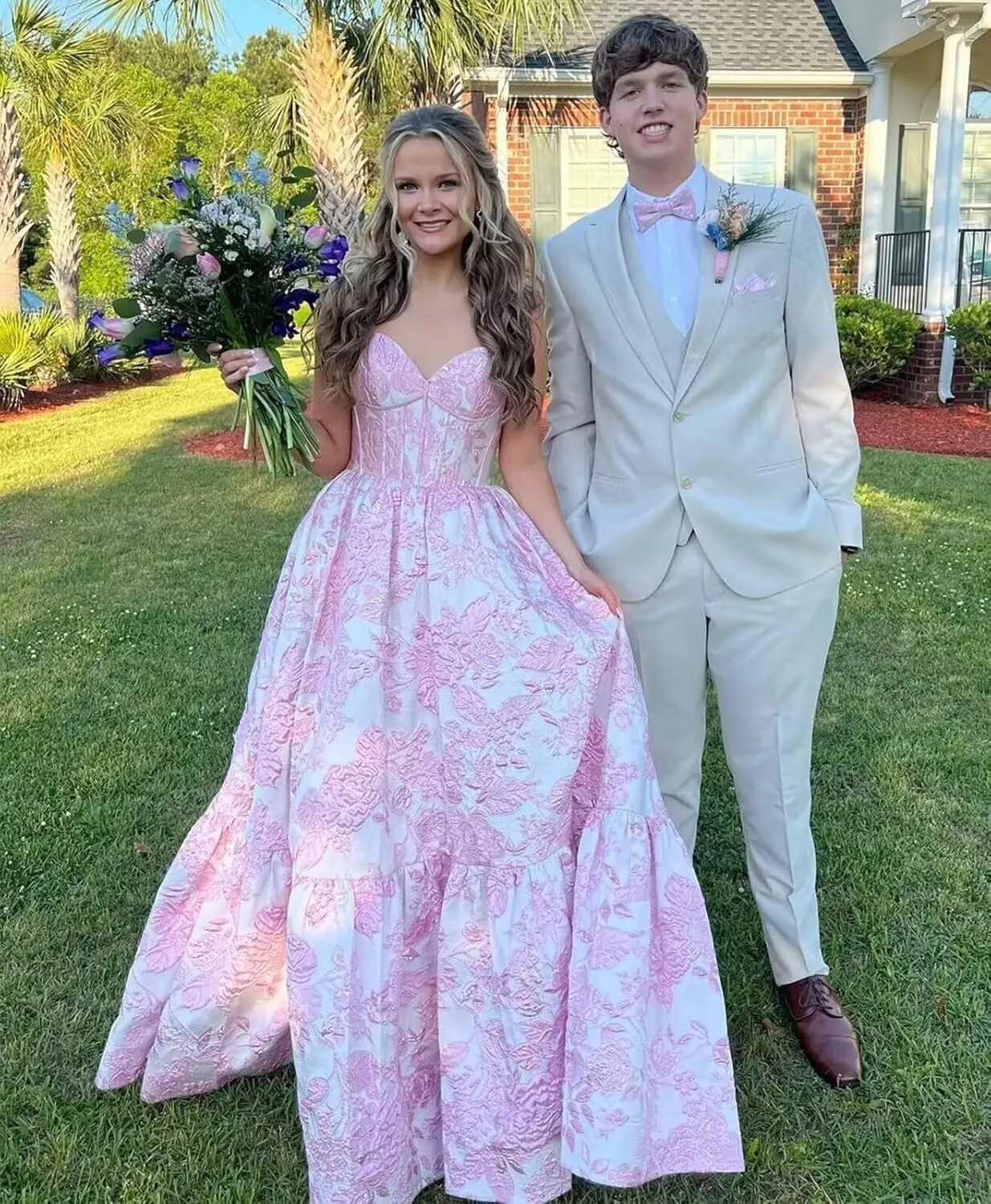 Floral Satin Prom Dresses for Women Strapless Jacquard Corset Formal Evening Party Gowns with Pockets