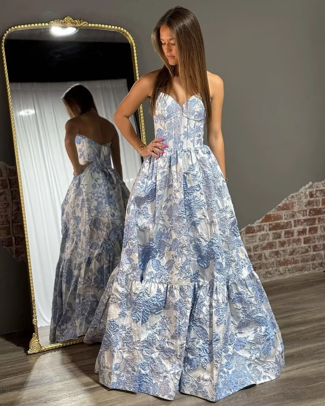Floral Satin Prom Dresses for Women Strapless Jacquard Corset Formal Evening Party Gowns with Pockets
