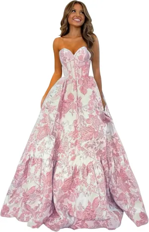 Floral Satin Prom Dresses for Women Strapless Jacquard Corset Formal Evening Party Gowns with Pockets