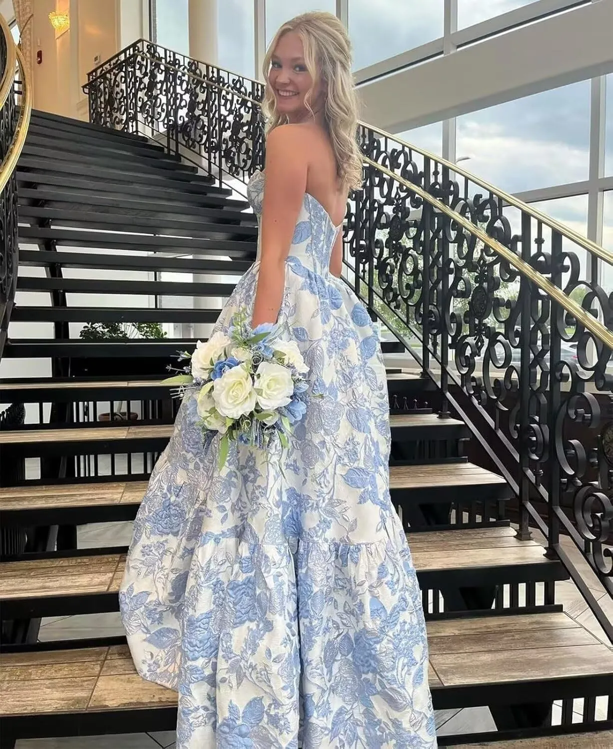 Floral Satin Prom Dresses for Women Strapless Jacquard Corset Formal Evening Party Gowns with Pockets