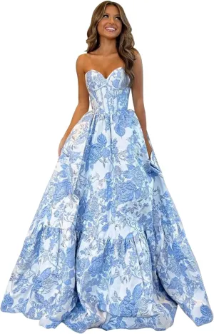 Floral Satin Prom Dresses for Women Strapless Jacquard Corset Formal Evening Party Gowns with Pockets