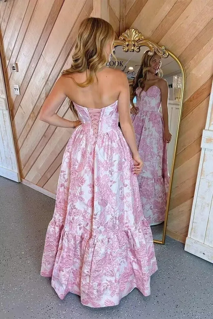 Floral Satin Prom Dresses for Women Strapless Jacquard Corset Formal Evening Party Gowns with Pockets